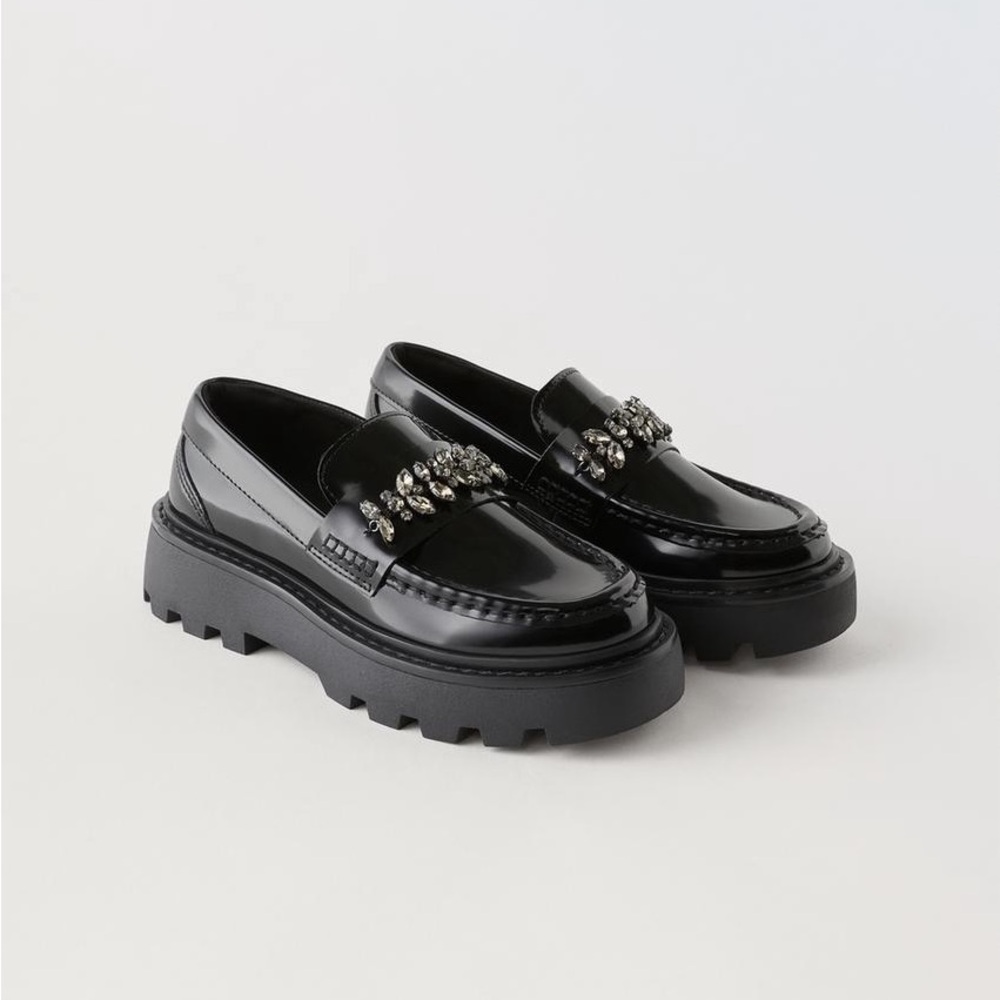 Zara Black Patent Loafers with Embellished Chain
